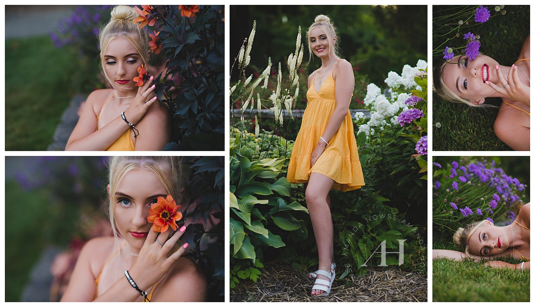 Cute High School Senior Girl in Yellow Babydoll Dress and Ballerina Bun | Rose Garden Portraits, Point Defiance Locations for Senior Portraits, Tacoma Senior Photography | Photographed by the Best Tacoma Senior Portrait Photographer Amanda Howse