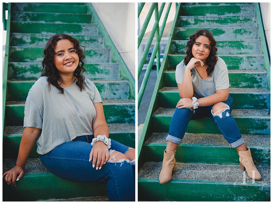 Senior Portraits on Green Steps | Urban Tacoma Senior Portraits, Pose Ideas for Senior Girls, Natural Hair and Makeup for Senior Portraits, Outdoor Locations for Tacoma Senior Portraits, Outfit Inspo | Photographed by the Best Tacoma Senior Portrait Photographer Amanda Howse