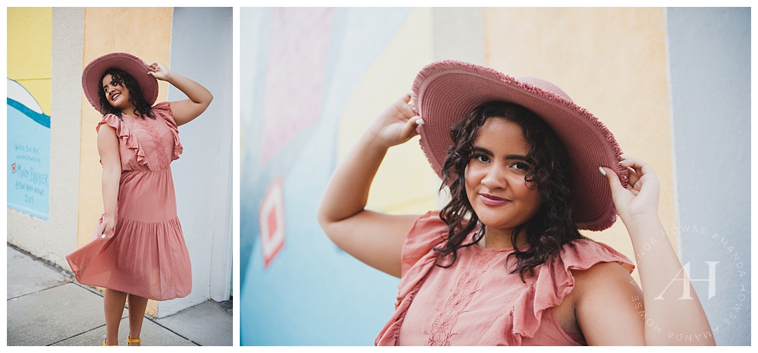 Pose Ideas for Senior Portraits | How to Pose in a Hat and Dress, Outfit Inspiration, How to Style a Midi Dress and Hat, Urban Tacoma Senior Portraits, Tacoma Senior Portrait Ideas | Photographed by the Best Tacoma Senior Portrait Photographer Amanda Howse