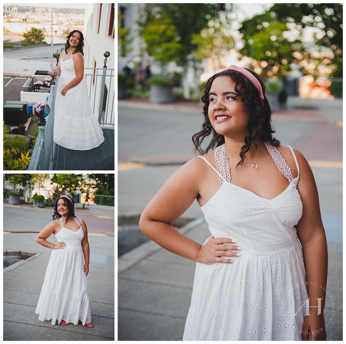 High School Senior Girl in a White Maxi Dress and Pink Headband | Summer Senior Portraits, Outdoor Senior Portraits in Tacoma, Opera Alley Locations for Senior Portraits | Photographed by the Best Tacoma Senior Portrait Photographer Amanda Howse