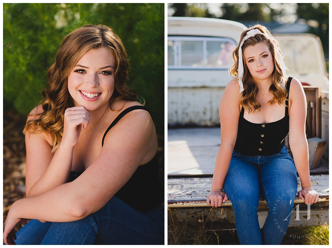 Outdoor Senior Portraits with a Vintage Truck | How to Pose, Senior Portrait Poses, Cute Outfits for Senior Portraits, Summer Portraits, Vintage Style | Photographed by Tacoma Senior Photographer Amanda Howse