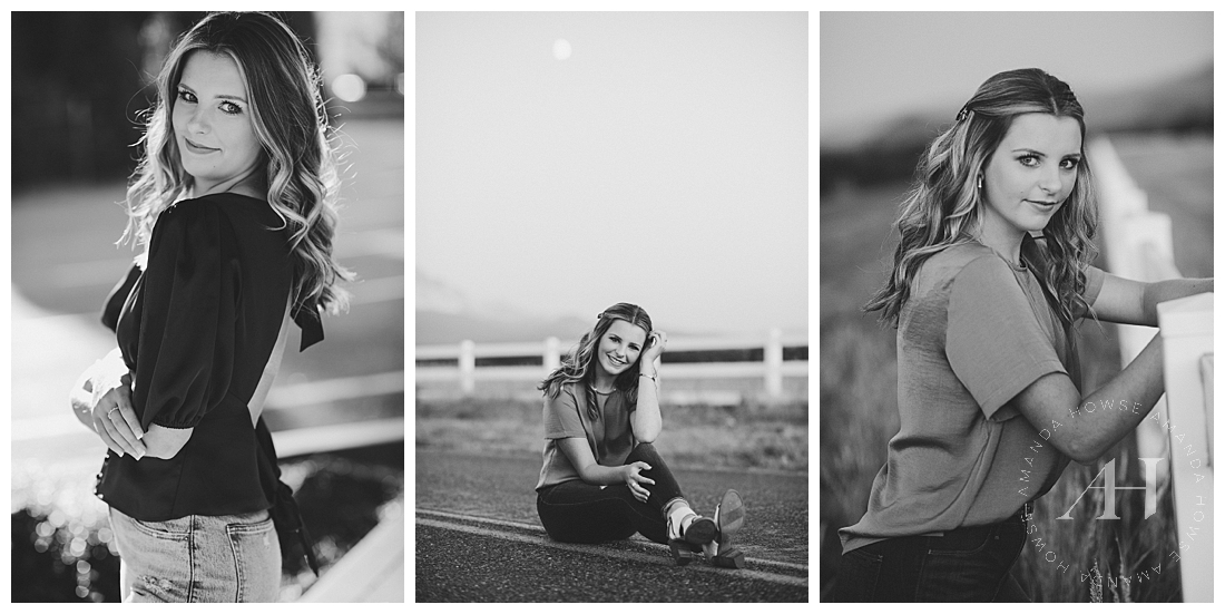 Black and White Senior Portraits | Outdoor Sumner Portraits, High School Senior Girls, What to Wear for Senior Photos, How to Pose for Senior Photos, Outfit and Accessories Ideas | Photographed by Tacoma's Best Senior Photographer Amanda Howse