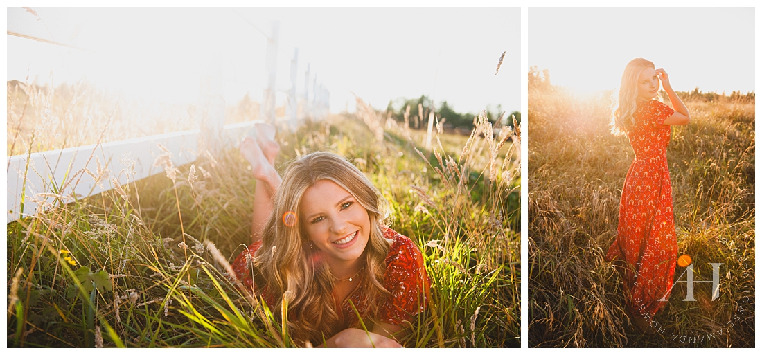 Golden Light for Senior Portraits | High School Senior Girl in a Red Dress | Pose Ideas for Senior Girls, Outfit Inspiration, How to Style a Rustic Portrait Session | Photographed by Tacoma's Best Senior Photographer Amanda Howse