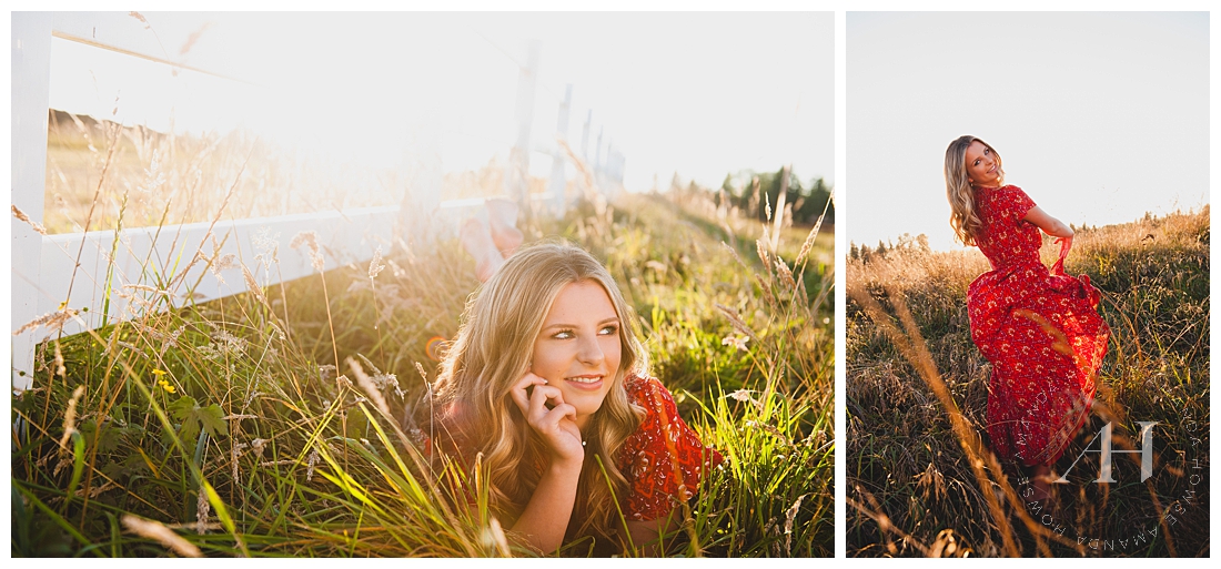 Golden Hour Portraits | Sunlight for Outdoor Senior Portraits, Red Dress for Senior Portraits, Outfit Ideas, Hair and Makeup Inspiration, Field for Senior Portraits near Tacoma | Photographed by Tacoma's Best Senior Photographer Amanda Howse