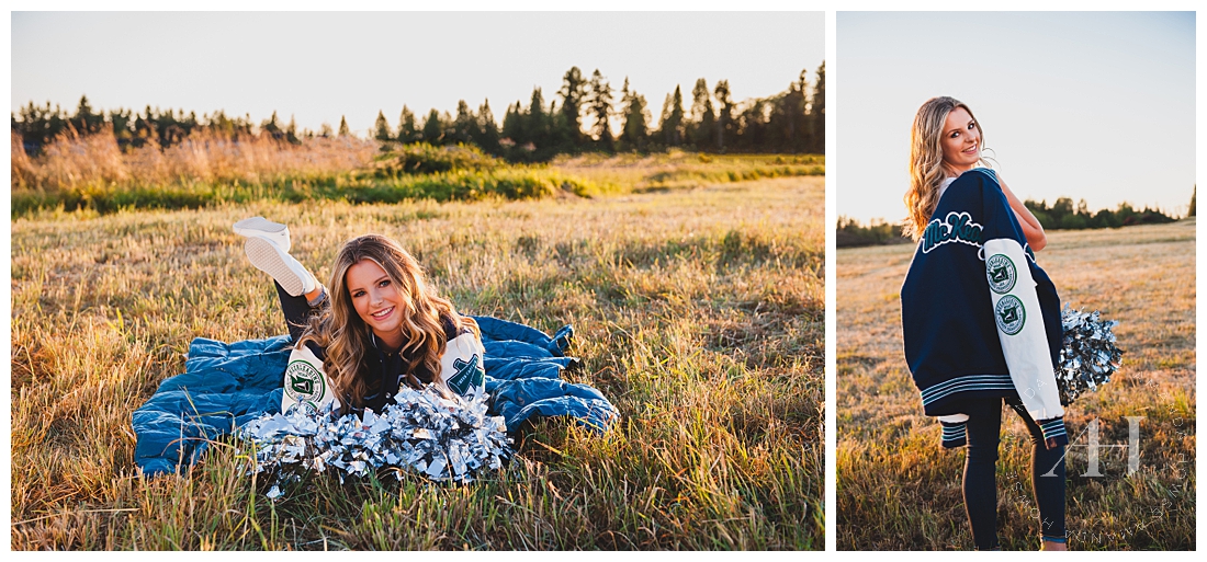 Moonrise and Blue Hour for Senior Portraits | Athletic Senior Portraits, Cheerleader Portraits, How to Style a Letter Jacket for Senior Portraits, Senior Photos in Sumner | Photographed by Tacoma's Best Senior Photographer Amanda Howse