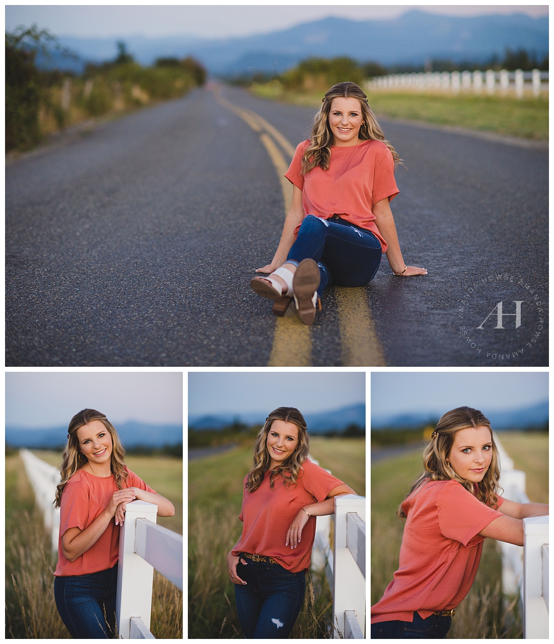 Country Road Senior Portraits | How to Pose for Outdoor Portraits, Senior Posing in the Middle of a Country Road, Senior Photos with Rustic Fences, Outfit Inspo | Photographed by Tacoma's Best Senior Photographer Amanda Howse