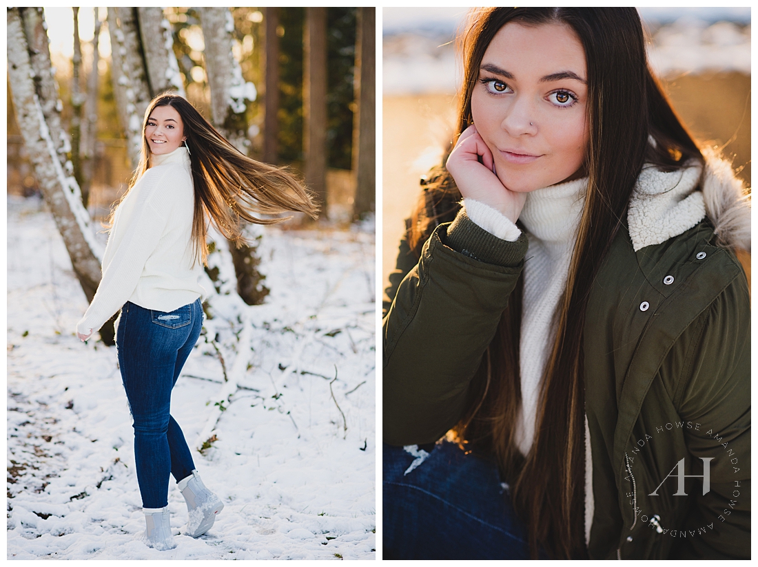 Snowy Senior Portraits in Puyallup | High School Senior Girl, Winter Outfit Inspiration, Pose Ideas | Photographed by the Best Tacoma Senior Photographer Amanda Howse
