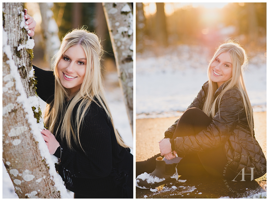 Winter Senior Portraits in Puyallup | Where to Take Outdoor Senior Portraits, Pose Ideas for Senior Girls, Cute Outfits, Golden Light, Snow Day | Photographed by the Best Tacoma Senior Photographer Amanda Howse