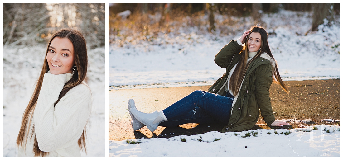 What to Wear for Snow Day Portraits | Winter Senior Portrait Inspiration, Pose Ideas for Senior Girls, Cozy Sweaters and Coats for Portraits | Photographed by the Best Tacoma Senior Photographer Amanda Howse