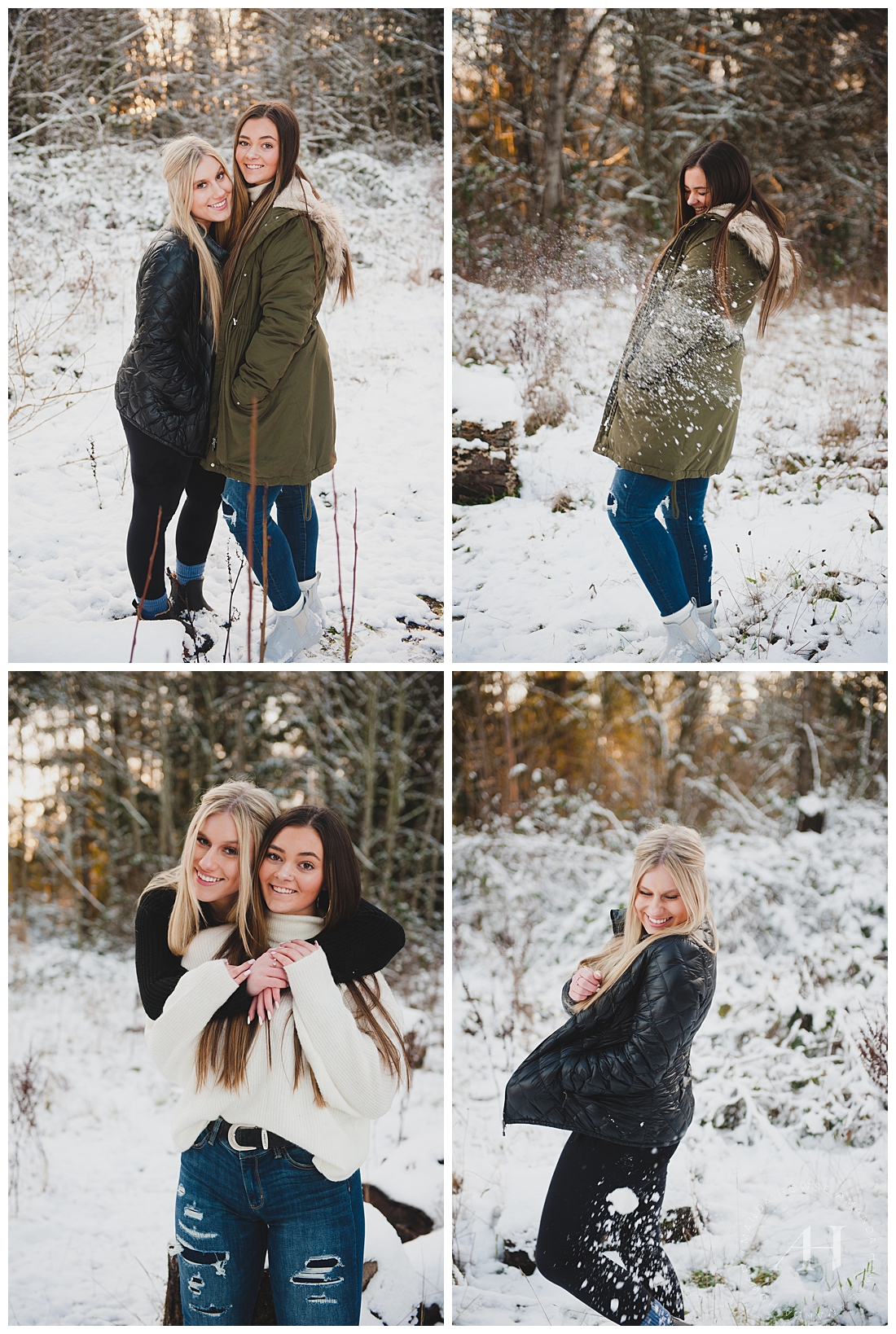 Snowball Fight Portraits | Best Friends in the Snow, Pose Ideas for High School Senior Girls, How to Style a Winter Shoot | Photographed by the Best Tacoma Senior Photographer Amanda Howse