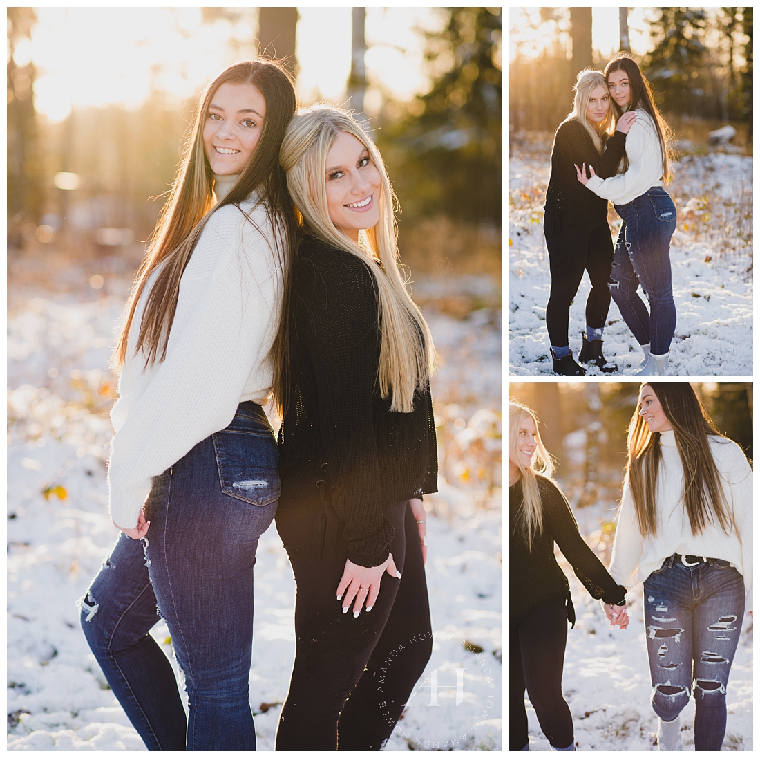 Two Senior Girls in the Snow | Senior Portraits, Winter Snow, Where to Take Outdoor Winter Portraits in Tacoma, Outfit Inspo, Hair and Makeup for Senior Photos | Photographed by the Best Tacoma Senior Photographer Amanda Howse