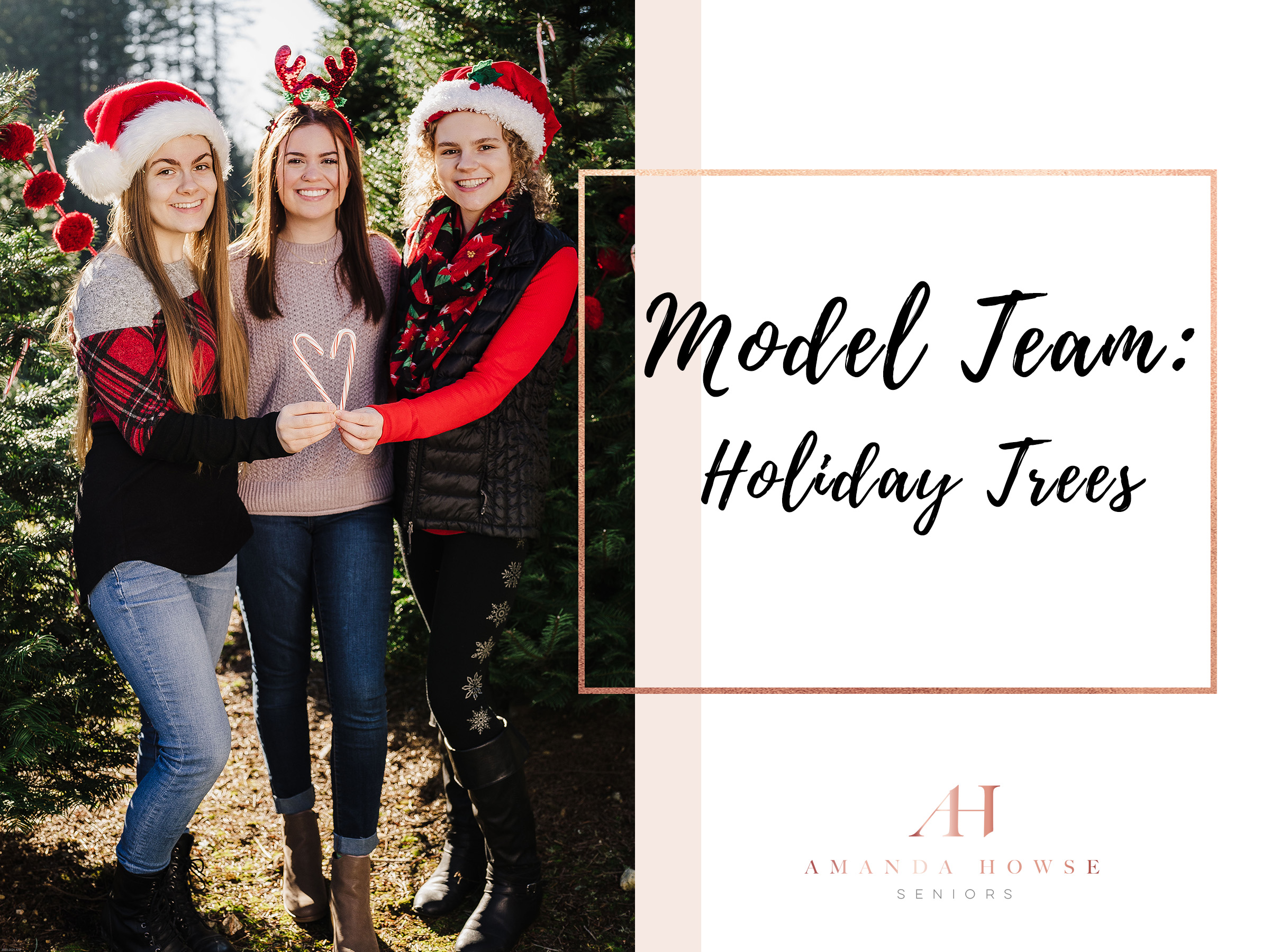 Holiday Tree Farm Portraits | The 2021 AHP Model Team got together for some fun holiday themed portraits at Wreath Works Christmas Tree Farm in Port Orchard. Read the blog to learn more! | Photographed by Tacoma Senior Portrait Photographer Amanda Howse