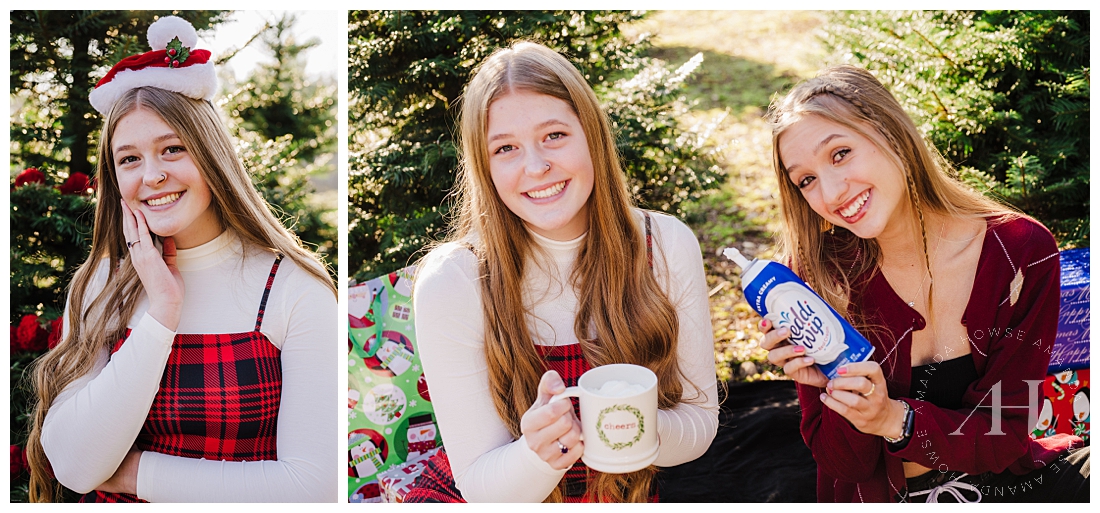 Pour yourself a cup of hot cocoa and get inspired with these themed portraits from the 2021 AHP Model Team | We brought along hot chocolate, mugs, whipped cream, and other fun props for this winter portrait session | Photographed by Tacoma Senior Portrait Photographer Amanda Howse