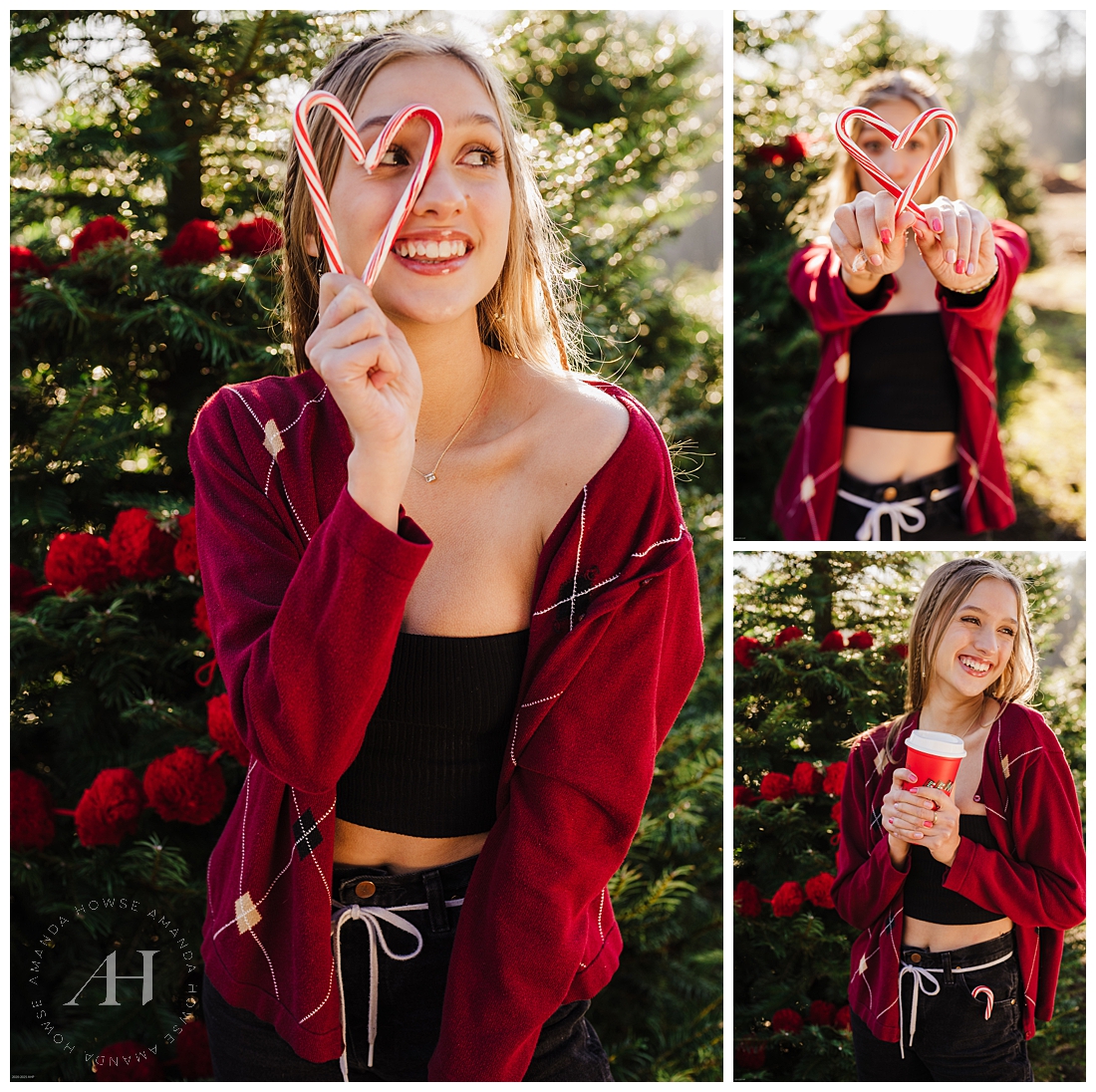 Such a cute pose for holiday themed senior portraits! This AHP Model Team Member held up peppermint canes that matched her red sweater for this fun themed photoshoot in Port Orchard | Photographed by Tacoma Senior Portrait Photographer Amanda Howse