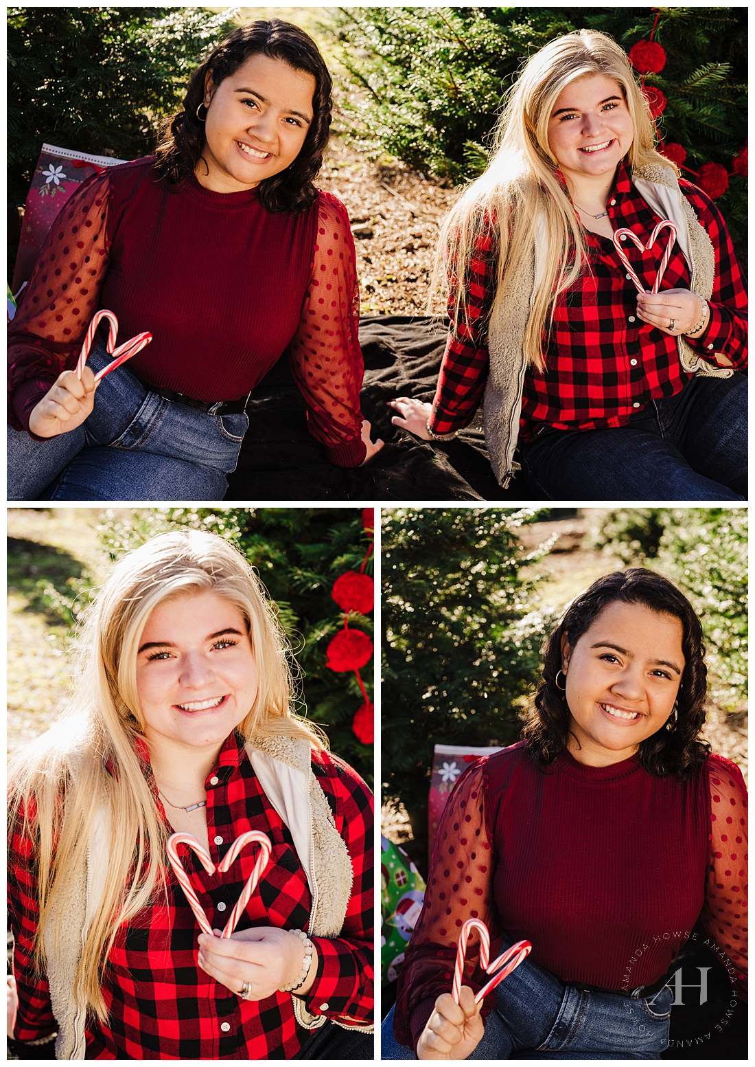 Wondering how to style red for portraits? This blog has all the inspiration with red buffalo shirts, blouses with sheer detailing, and other accessories for Christmas tree farm portraits | Photographed by Tacoma Senior Portrait Photographer Amanda Howse