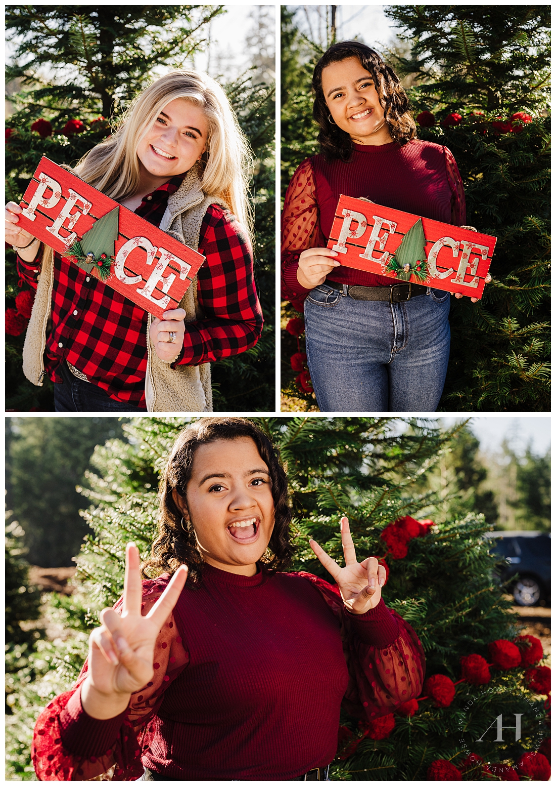 How to pose with signs and props for themed portraits | the AHP Model Team held up festive Peace signs for this themed portrait session at Wreath Works Tree Farm in Port Orchard | Photographed by Tacoma Senior Portrait Photographer Amanda Howse