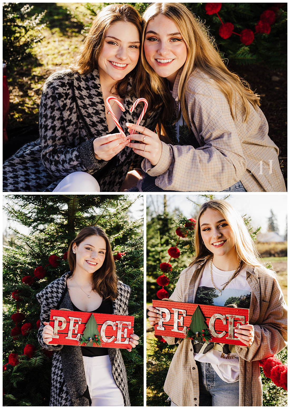 Outfit ideas for senior portraits in winter: cozy layers, festive props, and a holiday tree. | Photographed by Tacoma Senior Portrait Photographer Amanda Howse