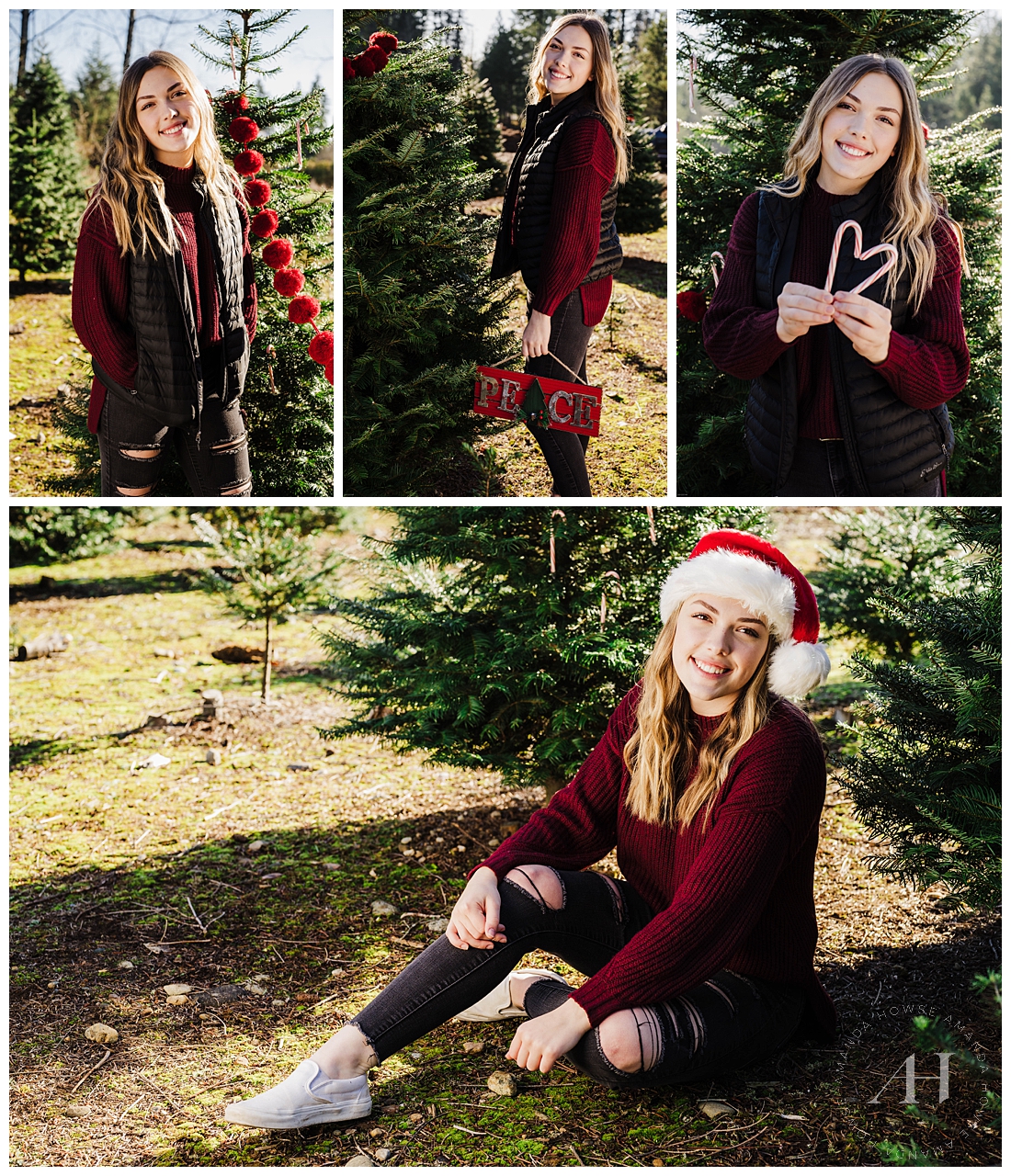 Cozy winter portraits of high school senior girls | How to style a Santa hat and other props for Christmas tree portraits | Photographed by Tacoma Senior Portrait Photographer Amanda Howse