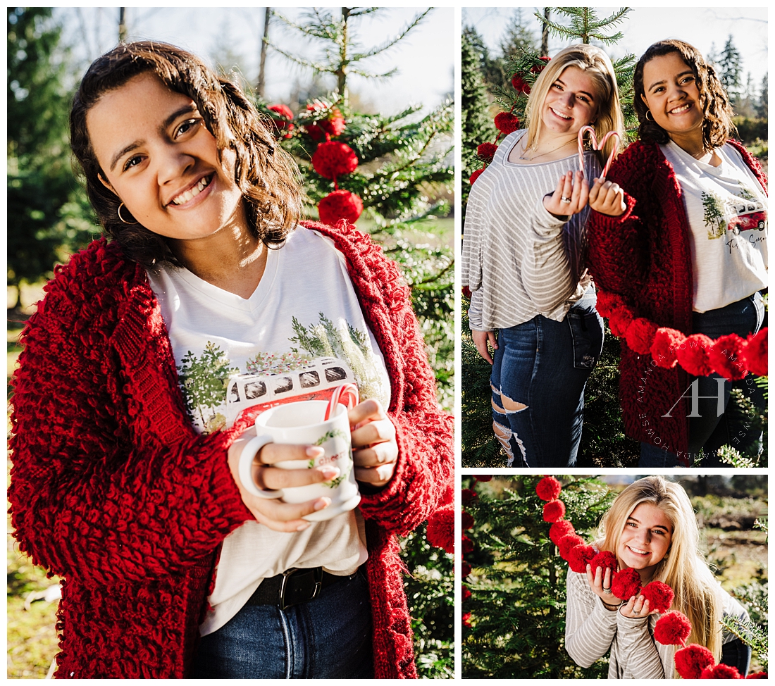 How to pose for Christmas portraits with a mug and a garland | Pose ideas for high school senior girls, winter outfit inspiration, how to layer a sweater for portraits | Photographed by Tacoma Senior Portrait Photographer Amanda Howse