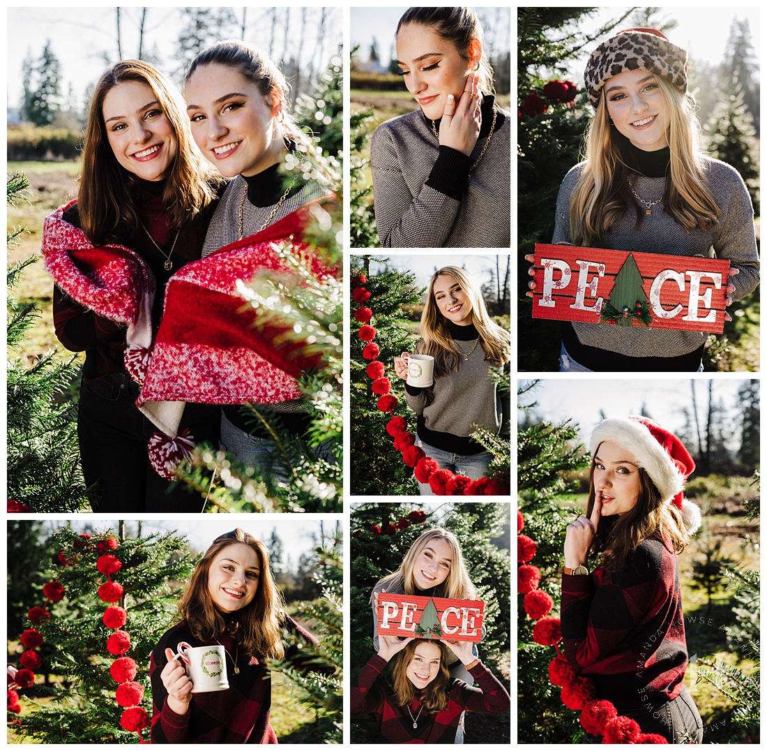 Cozy group portraits at a local Christmas tree farm in Port Orchard | Pose Ideas for Senior Girls, Outfit Inspiration for Winter Portraits, How to Style a Christmas or Holiday Photoshoot | Photographed by Tacoma Senior Portrait Photographer Amanda Howse
