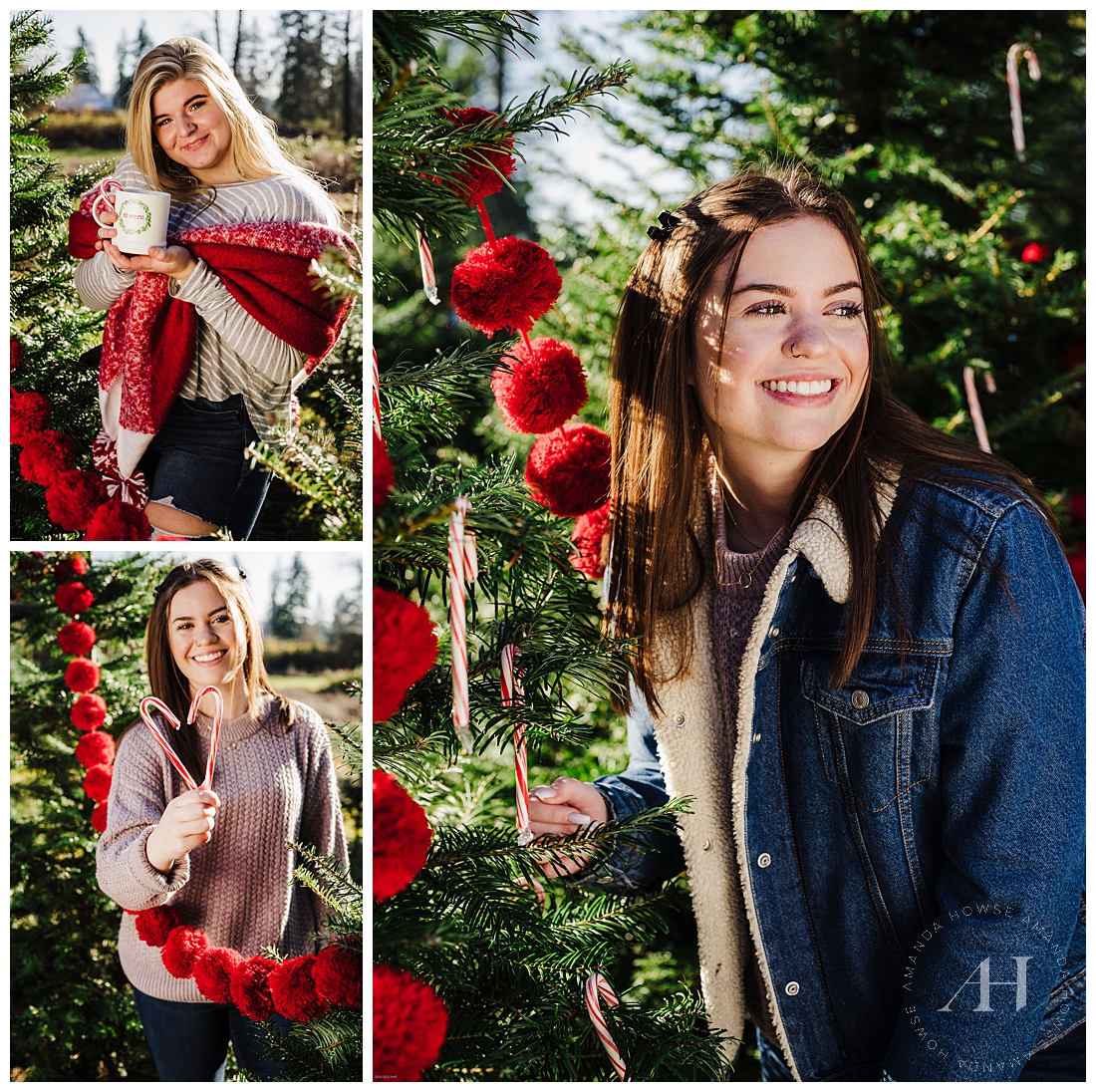 Sunny Winter Portraits at a Tree Farm | The AHP Model Team posed in front of festive holiday trees with pompom garlands at a local farm. Check it out this week on the blog. | Photographed by Tacoma Senior Portrait Photographer Amanda Howse