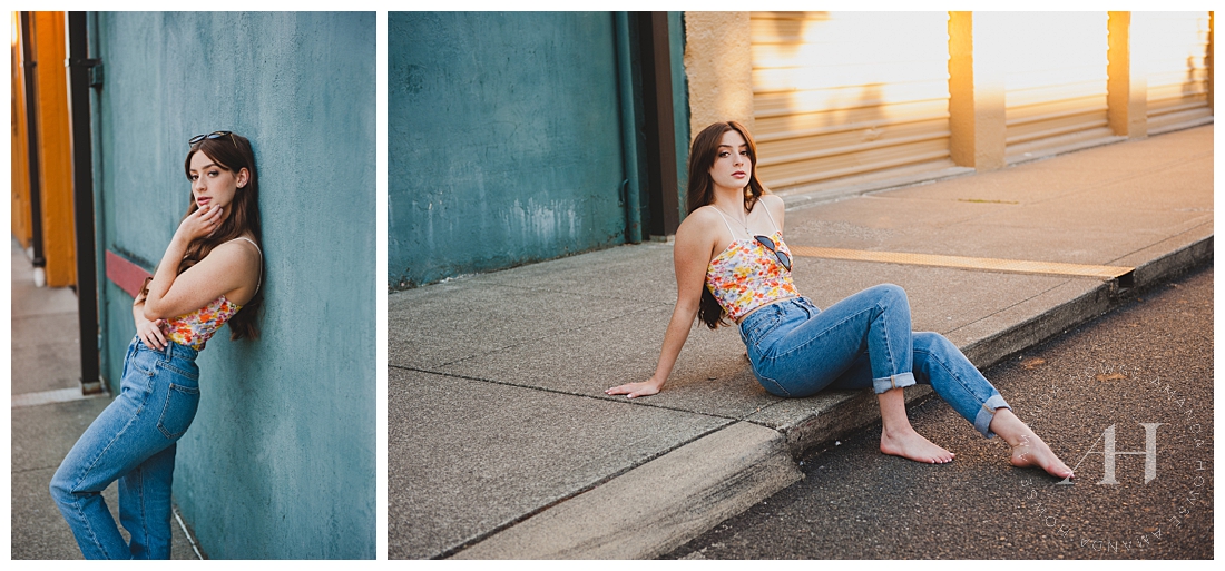Barefoot City Portraits of High School Senior Girl | How to Style Mom Jeans for Modern Portraits | Tacoma Senior Portraits Near Wright Park and Downtown | Photographed by the Best Tacoma Senior Portrait Photographer Amanda Howse