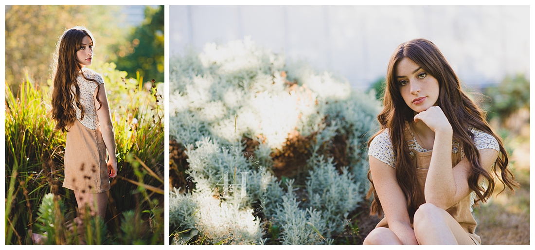 Wright Park Senior Portraits | Senior Girl in Corduroy Dress Posing in a Garden | Photographed by the Best Tacoma Senior Portrait Photographer Amanda Howse 