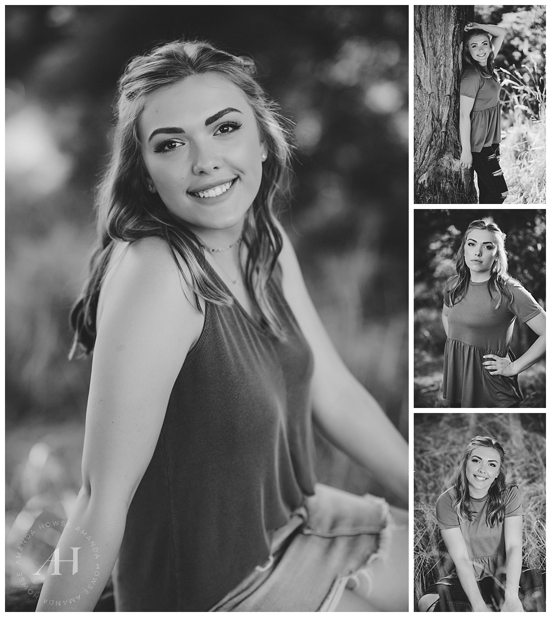 Black and White Senior Portraits | High School Senior Girl Posing in a Field at Fort Steilacoom | Photographed by Tacoma Senior Photographer Amanda Howse