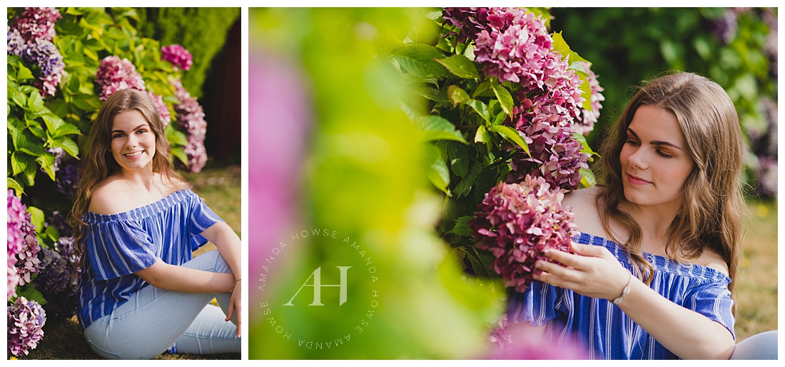 Senior Portraits in the Point Defiance Rose Garden | Miss Taylor wore a stunning blue outfit and posed next to these blooming hydrangeas in the garden | Photographed by the Best Tacoma Senior Portrait Photographer Amanda Howse