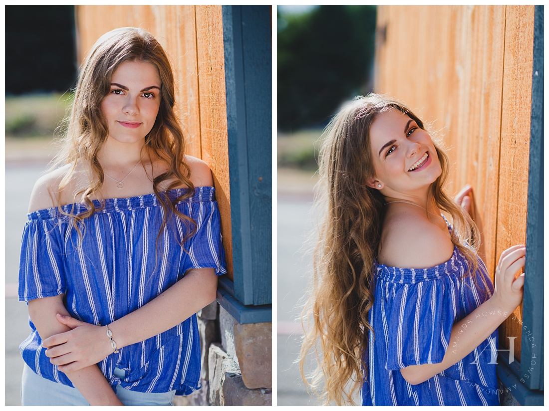 Tacoma Senior Portraits | Outfit inspiration for summer senior portraits in Point Defiance. Taylor wore an off-the-shoulder blue blouse and jeans for her city portraits | Photographed by the Best Tacoma Senior Portrait Photographer Amanda Howse