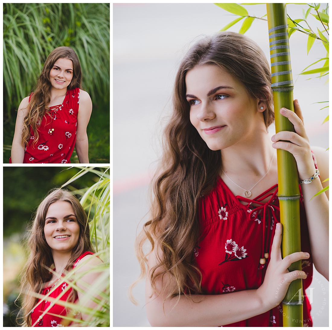 Outdoor Senior Portraits in Tacoma | Senior girl posing in a garden with stalks of bamboo and green grass, wearing a red floral blouse | Photographed by the Best Tacoma Senior Portrait Photographer Amanda Howse