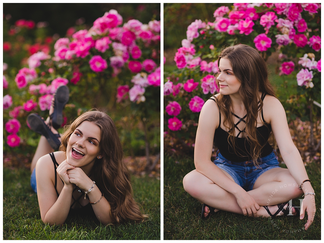 Cute Senior Portraits in Point Defiance | How to style a strappy black tank top and jean shorts, floral senior portraits, modern outdoor senior portraits in Tacoma, pose ideas for seniors | Photographed by the Best Tacoma Senior Portrait Photographer Amanda Howse