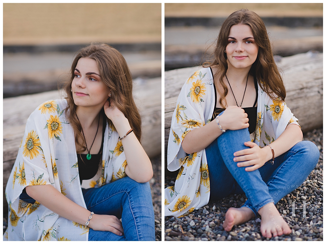 Boho Senior Portraits on the Beach | Miss Taylor wore a sunflower kimono and jeans for her boho beach session in Tacoma. Head to the blog to see all her fun outfits. | Photographed by the Best Tacoma Senior Portrait Photographer Amanda Howse