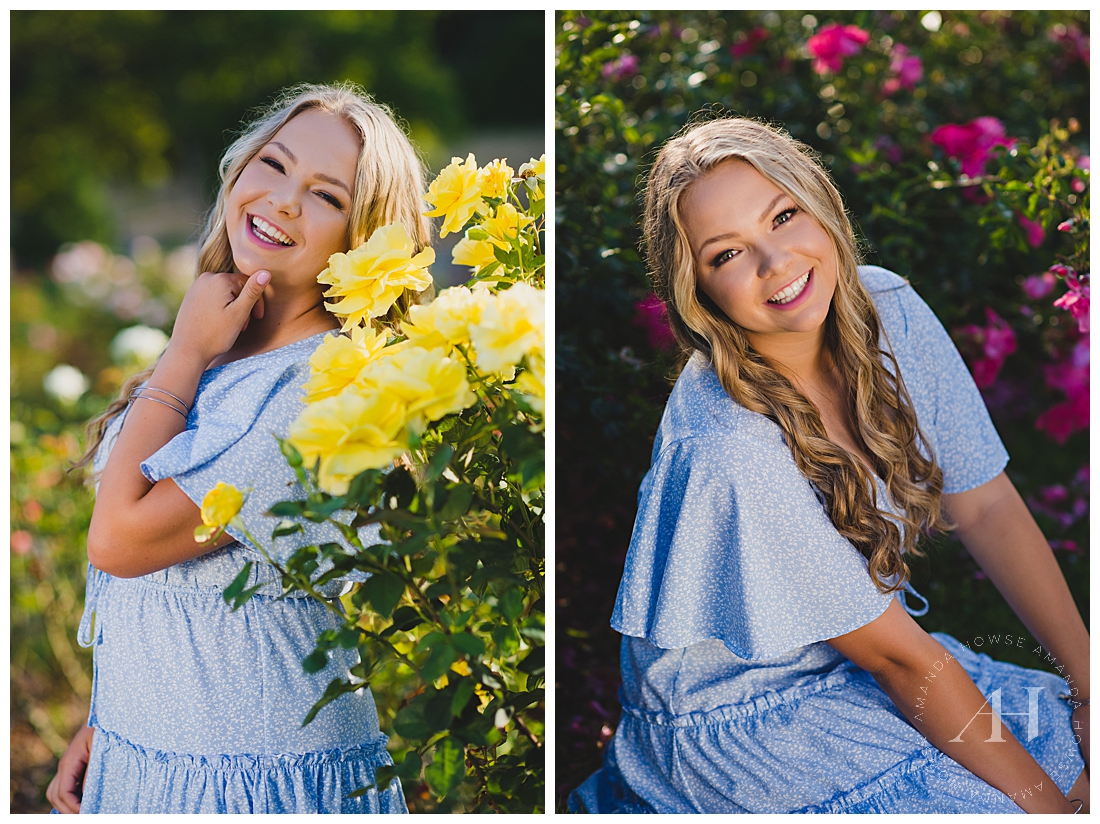 How to pose with flowers | Senior portraits in Tacoma with blooming roses and other flowers | Photographed by the Best Tacoma Senior Photographer Amanda Howse