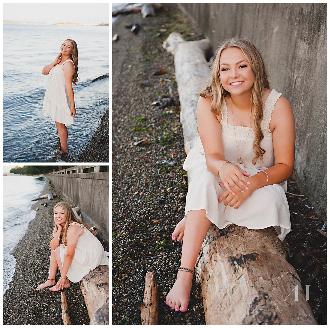 Barefoot senior portraits at Owen Beach | How to style a boho senior portrait session outdoors in the summer, pose ideas for senior girls, cute outfit ideas for summer senior portraits | Photographed by the Best Tacoma Senior Photographer Amanda Howse