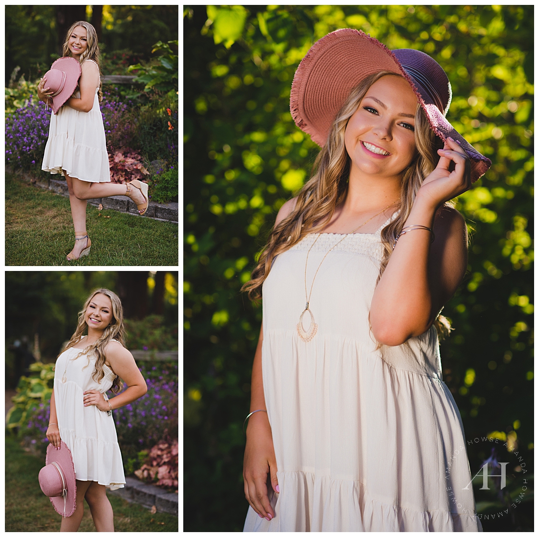 Cute Summer Senior Portraits | How to style a floppy hat and dress for your senior portraits, pose ideas for senior girls, cute outdoor senior portraits, the best Tacoma locations for senior portraits | Photographed by the Best Tacoma Senior Photographer Amanda Howse