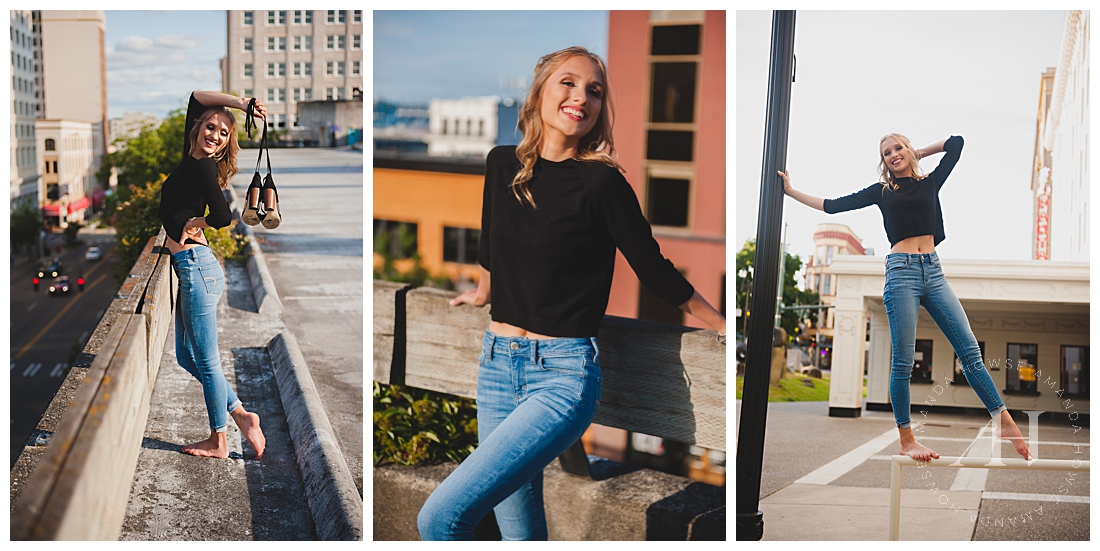 Rooftop Senior Portraits in Downtown Tacoma | Barefoot senior portraits, how to style jeans for senior portraits, modern and glam portraits | Photographed by Tacoma Senior Photographer Amanda Howse