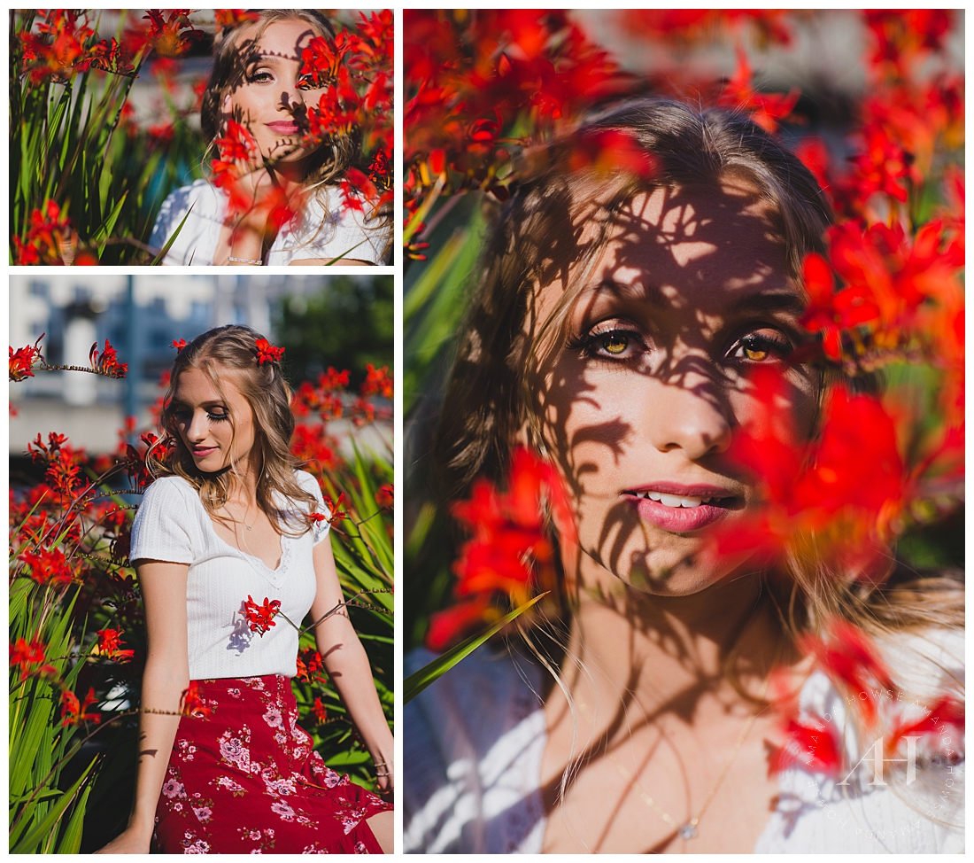 Floral Print Outfit Ideas for Senior Portraits | How to Style a T-Shirt and Flowy Skirt, Maxi skirt outfit ideas, Hair and makeup for senior portraits | Photographed by the Best Tacoma Senior Photographer Amanda Howse