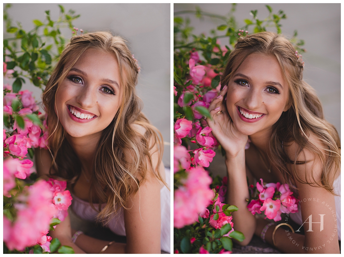Cute Summer Senior Portraits | Senior Girl Posing with Pink Flowers, Hair and Makeup Ideas for Senior Portrait Sessions | Photographed by the Best Tacoma Senior Photographer Amanda Howse
