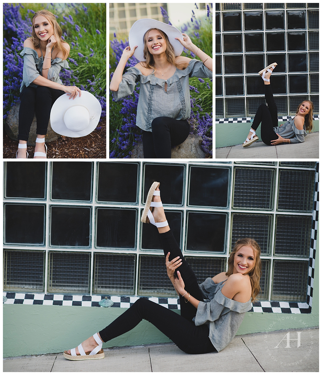 The Best Outfit for Summer Senior Portraits | Baelina paired a floppy white hat with a flowy off-the-shoulder blouse, black skinny jeans, and white sandals. Head to the blog to see more | Photographed by the Best Tacoma Senior Photographer Amanda Howse
