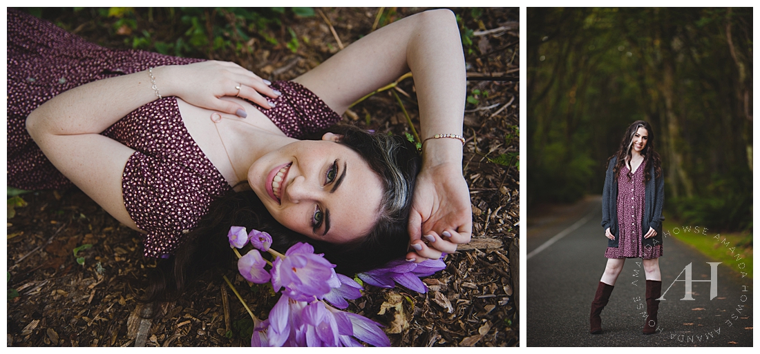 Senior Girl Posing with Purple Flowers | Garden Portraits, Point Defiance, How to Style an Outdoor Senior Portrait Session in the Fall, Tall Boots and Dresses for Senior Portraits | Photographed by the Best Tacoma Senior Portrait Photographer Amanda Howse