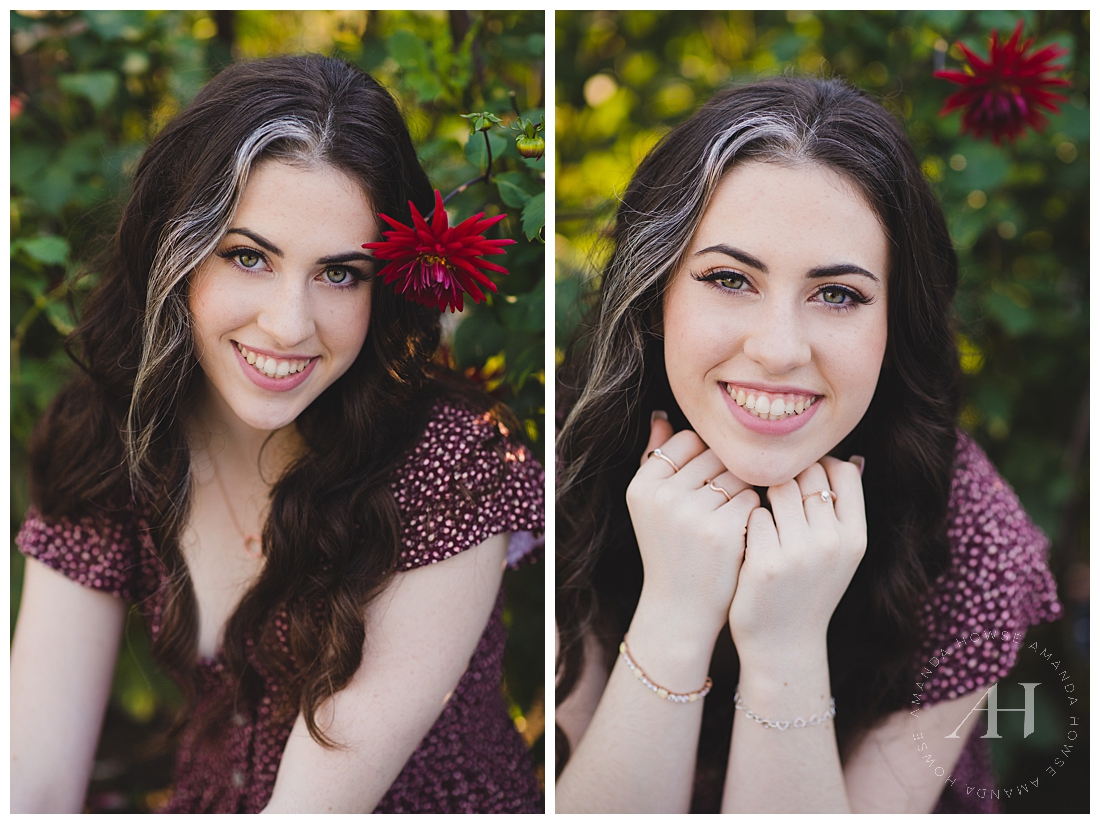 Cute Senior Portraits in a Garden | Floral Senior Portraits, Pose Ideas for Senior Girls, Fall Outfit Inspiration | Photographed by the Best Tacoma Senior Portrait Photographer Amanda Howse