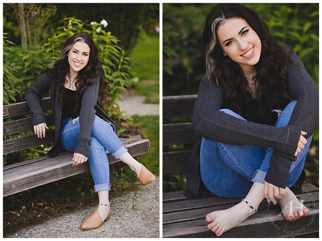 Barefoot Senior Portraits in the Point Defiance Rose Garden | Jeans and Casual Outfit Inspiration for Senior Portraits | Photographed by the Best Tacoma Senior Portrait Photographer Amanda Howse