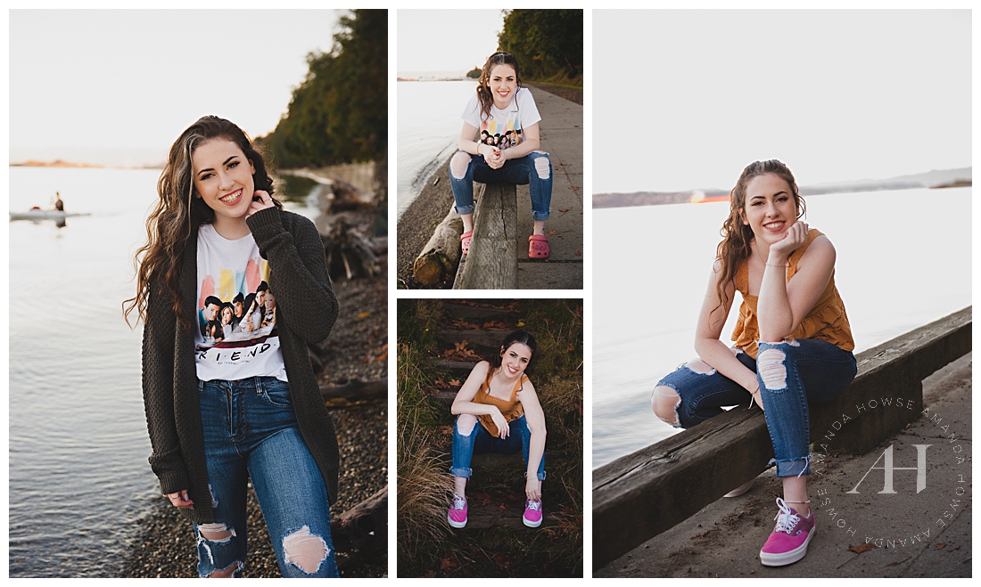 Owen Beach Senior Portraits | Friends Graphic Tee and Ripped Jeans, T-Shirt for Senior Portraits, Pink Crocs, Fun Outfit for Senior Portraits | Photographed by the Best Tacoma Senior Portrait Photographer Amanda Howse