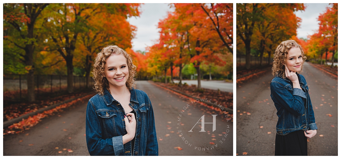Senior Portraits at Gene Coulon Park in Renton | The best places for outdoor fall senior portraits in Seattle, casual outfit inspiration for senior portraits, how to style a jean jacket, pose ideas, autumn leaves, fall portrait inspiration | Photographed by Tacoma Senior Photographer Amanda Howse