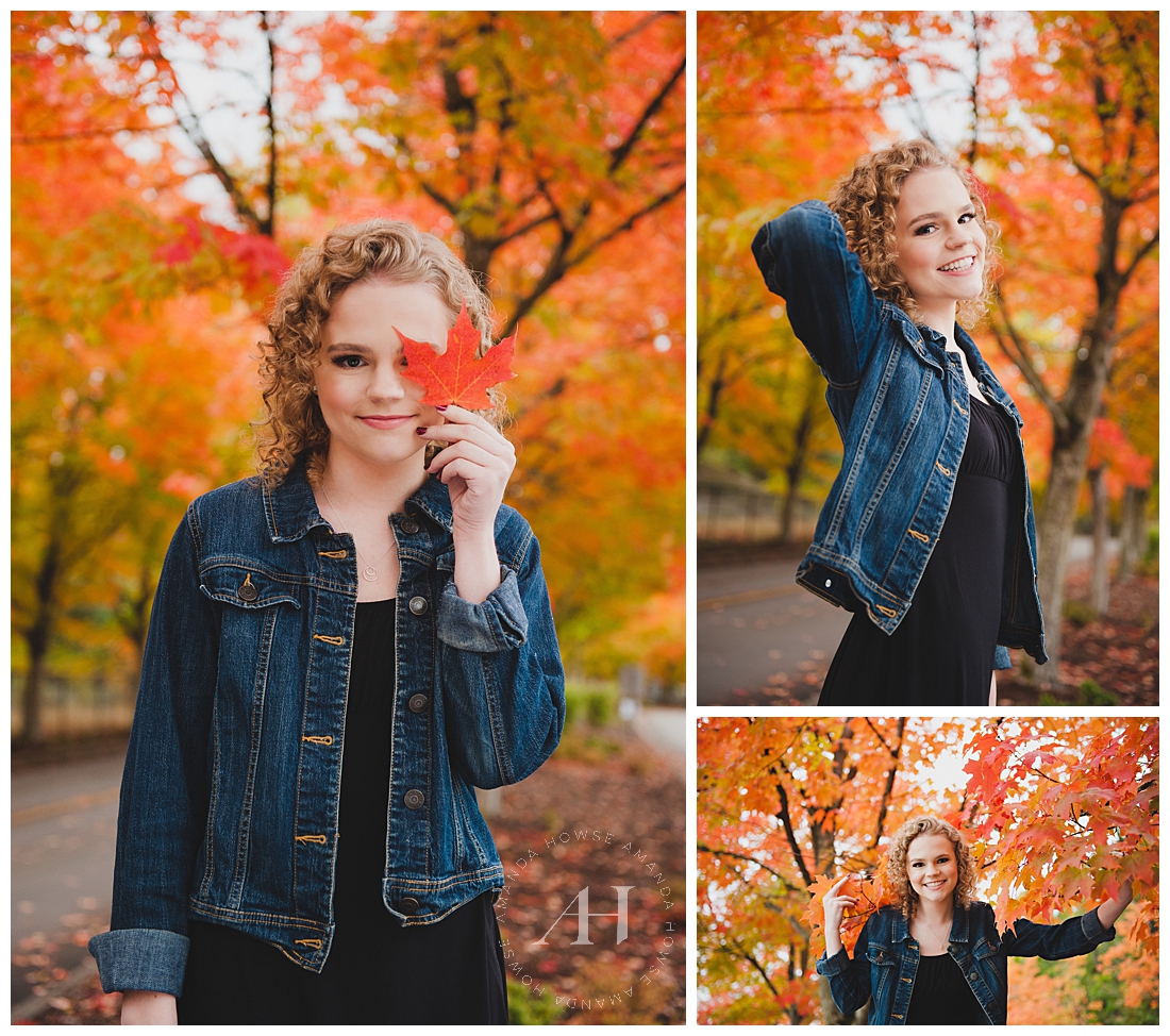 High School Senior Girl Posing with Fall Leaves | Best spots for fall colors in Seattle, Fall senior portraits, How to style a little black dress for senior portraits, Pose ideas for senior girls | Photographed by the best Tacoma senior photographer Amanda Howse