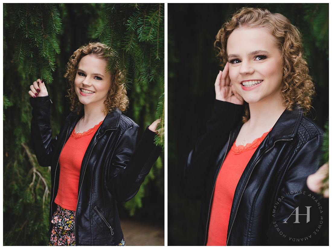 Cute Senior Portraits Outside | Senior Girl Posing in a Leather Jacket by an Evergreen Tree | Photographed by the Best Tacoma Senior Photographer Amanda Howse