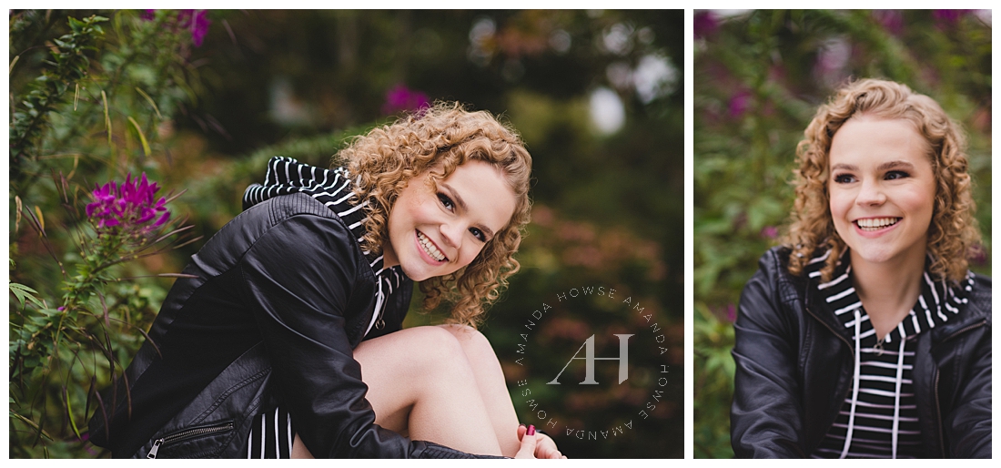 Kubota Garden Senior Portraits | Cute senior girl in a striped dress and leather jacket for casual outdoor senior portraits in Seattle | Photographed by the Best Tacoma Senior Photographer Amanda Howse