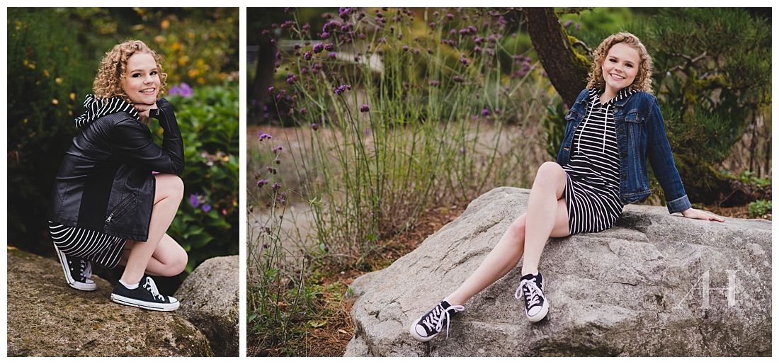 How to Wear Converse for Senior Portraits | This casual look is the best for outdoor senior portraits in the fall. Kendall wore black Converse, a striped dress, and a leather jacket | Photographed by the Best Tacoma Senior Photographer Amanda Howse