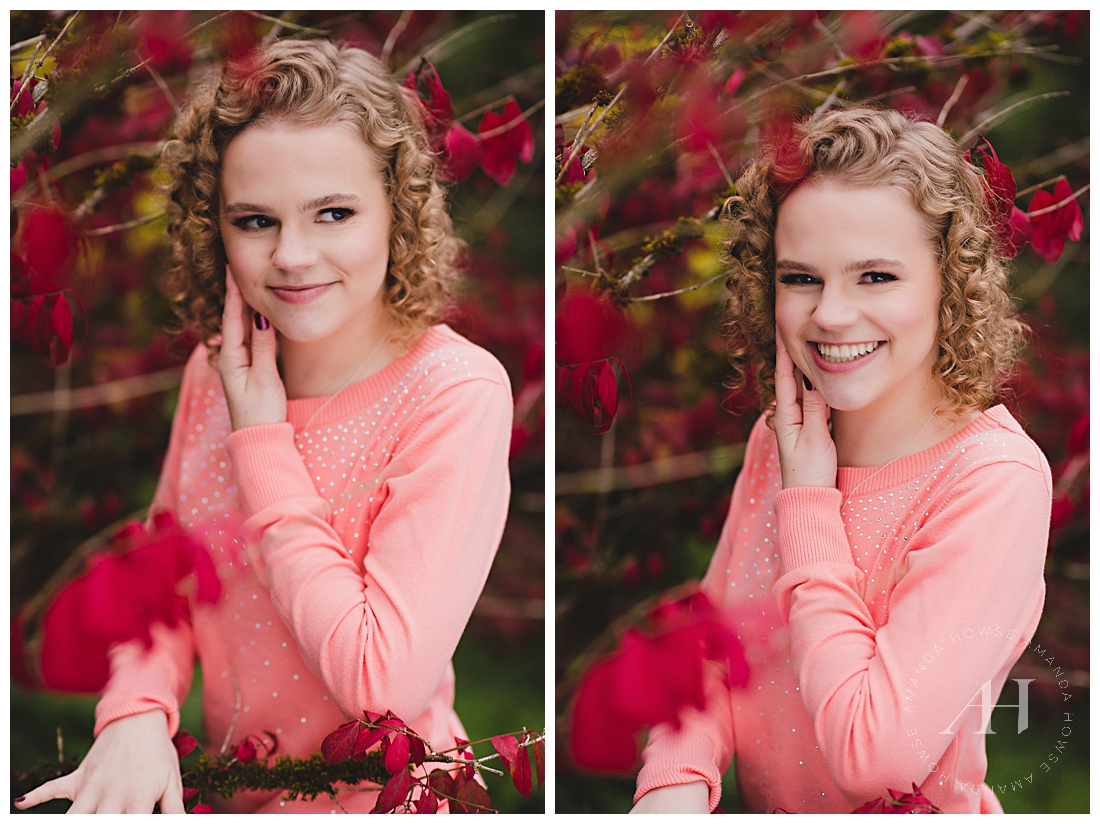 Cute Senior Portraits with Fall Leaves | How to pose for natural senior portraits outside, curly hair inspiration, glam makeup for outdoor senior portraits | Photographed by the Best Tacoma Senior Photographer Amanda Howse
